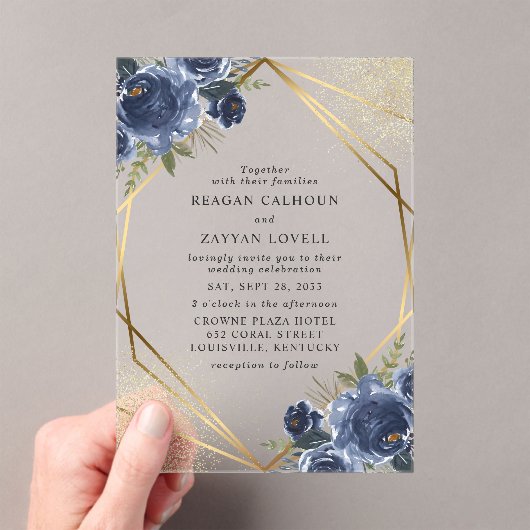 Navy Blue Floral Gold Geometric Modern Wedding Acryl Uitnodigingen (Insitu (Draagbaar))
