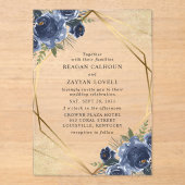 Navy Blue Floral Gold Geometric Modern Wedding Acryl Uitnodigingen (Voorkant)