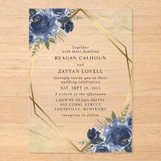 Navy Blue Floral Gold Geometric Modern Wedding Acryl Uitnodigingen (Voorkant)