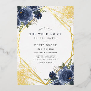Navy Blue Floral Gold Geometric Modern Wedding Folie Uitnodiging