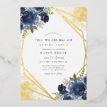 Navy Blue Floral Gold Geometric Modern Wedding