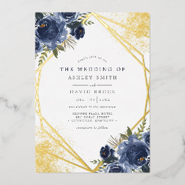 Navy Blue Floral Gold Geometric Modern Wedding Folie Uitnodiging