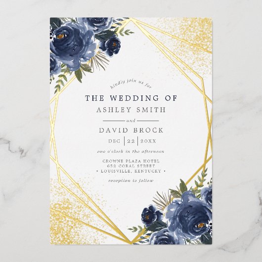 Navy Blue Floral Gold Geometric Modern Wedding Folie Uitnodiging (Voorkant)