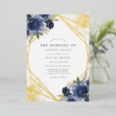 Navy Blue Floral Gold Geometric Modern Wedding Folie Uitnodiging (Staand Voorkant)