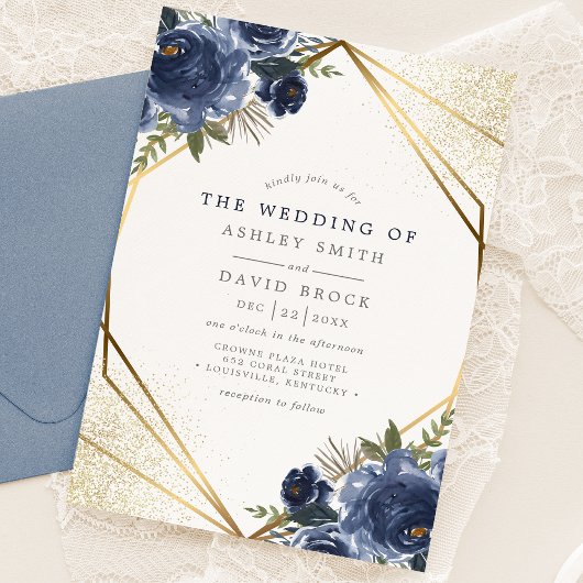Navy Blue Floral Gold Geometric Modern Wedding Kaart
