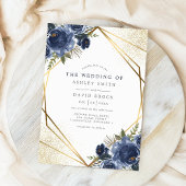 Navy Blue Floral Gold Geometric Modern Wedding Kaart