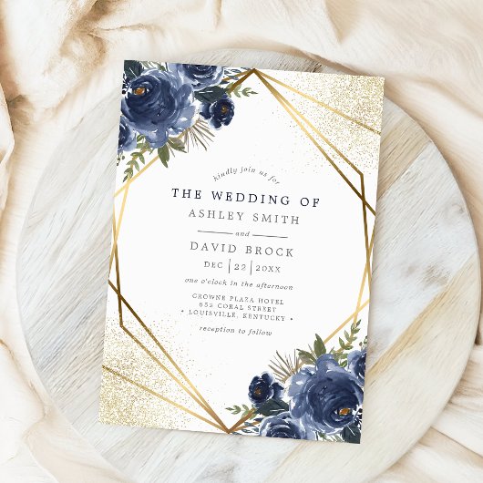 Navy Blue Floral Gold Geometric Modern Wedding Kaart