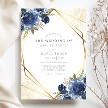 Navy Blue Floral Gold Geometric Modern Wedding