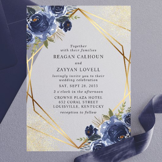 Navy Blue Floral Gold Geometric Modern Wedding Vellum Uitnodigingen
