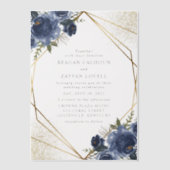 Navy Blue Floral Gold Geometric Modern Wedding Vellum Uitnodigingen (Voorkant)