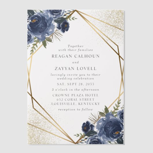 Navy Blue Floral Gold Geometric Modern Wedding Vellum Uitnodigingen (Voorkant)