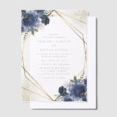 Navy Blue Floral Gold Geometric Modern Wedding Vellum Uitnodigingen (Offset)