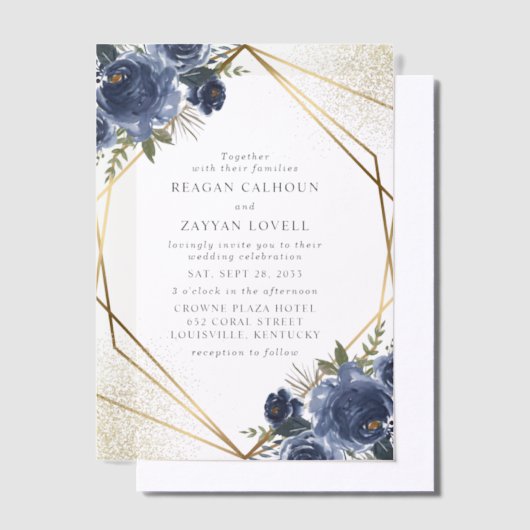 Navy Blue Floral Gold Geometric Modern Wedding Vellum Uitnodigingen (Offset)