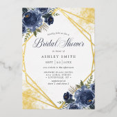Navy Blue Floral Gold Geometric Vrijgezellenfeest Folie Uitnodiging (Voorkant)
