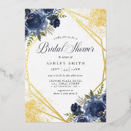 Navy Blue Floral Gold Geometric Vrijgezellenfeest Folie Uitnodiging