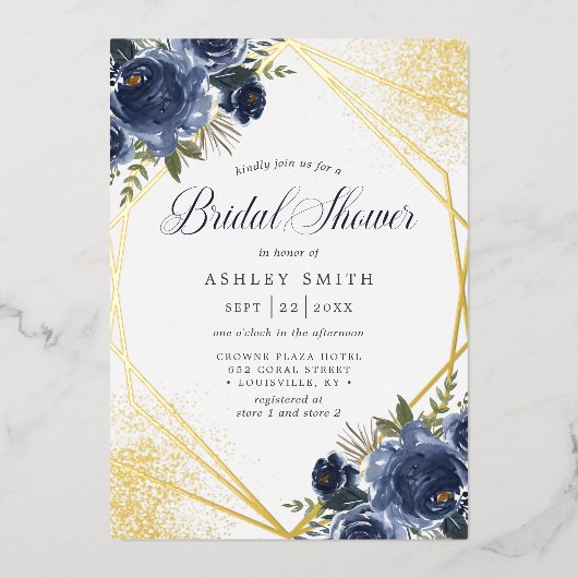 Navy Blue Floral Gold Geometric Vrijgezellenfeest Folie Uitnodiging (Voorkant)