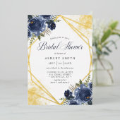 Navy Blue Floral Gold Geometric Vrijgezellenfeest Folie Uitnodiging (Staand Voorkant)