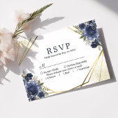 Navy Blue Floral Gold Geometric Wedding RSVP Kaartje