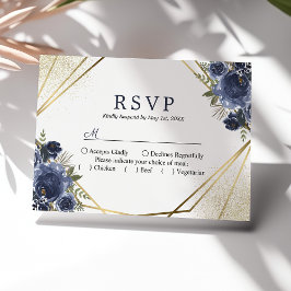 Navy Blue Floral Gold Geometric Wedding RSVP Kaartje