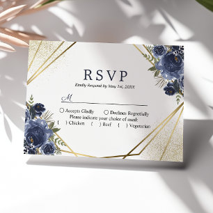 Navy Blue Floral Gold Geometric Wedding RSVP Kaartje