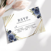 Navy Blue Floral Gold Geometric Wedding RSVP Kaartje