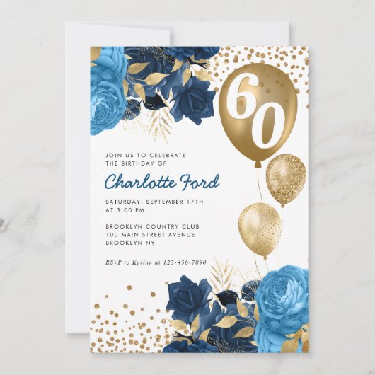Navy Blue Floral Gold Glitter Balloons Birthday Kaart (Voorkant)