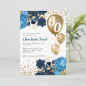 Navy Blue Floral Gold Glitter Balloons Birthday Kaart (Staand voorkant)