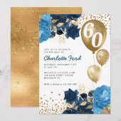 Navy Blue Floral Gold Glitter Balloons Birthday Kaart (Voorkant / Achterkant)
