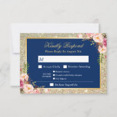 Navy Blue Floral Gold Glitter Entree Menu RSVP (Voorkant)