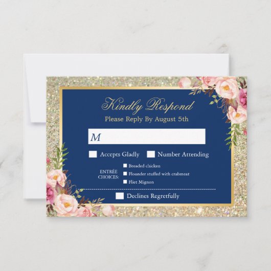 Navy Blue Floral Gold Glitter Entree Menu RSVP (Voorkant)