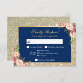 Navy Blue Floral Gold Glitter Entree Menu RSVP (Voorkant / Achterkant)