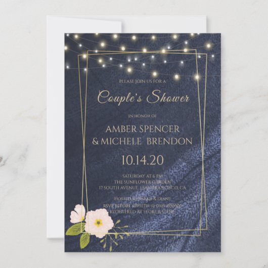 Navy Blue Floral Gold Lijst Couple's Shower Kaart (Voorkant)