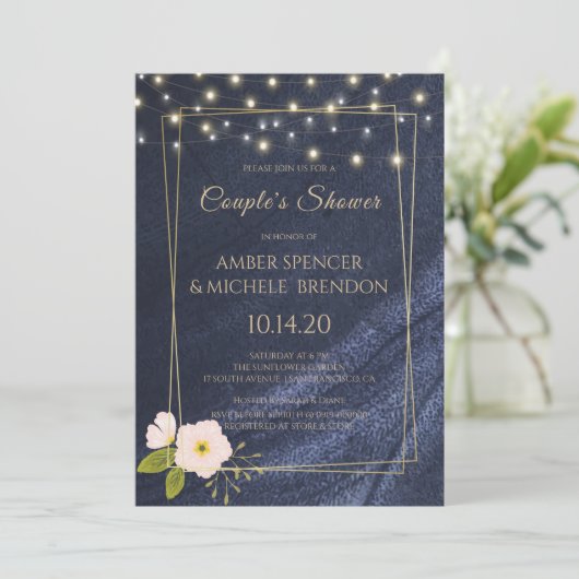 Navy Blue Floral Gold Lijst Couple's Shower Kaart (Staand voorkant)