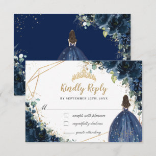Navy Blue Floral Gold Princess Quinceañera Antwoor RSVP Kaartje