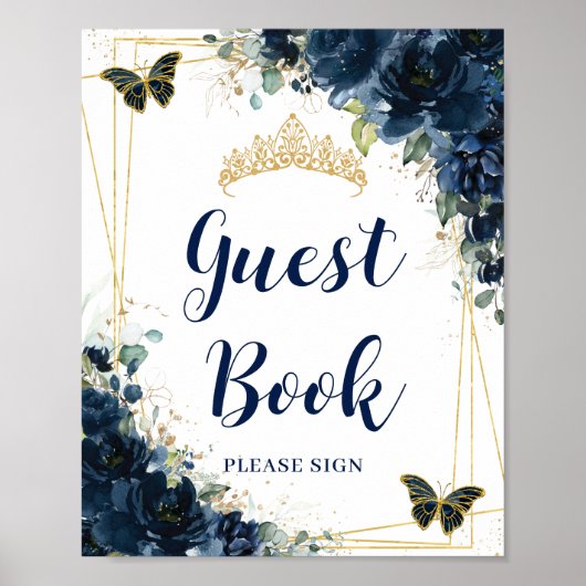 Navy Blue Floral Gold Quinceañera Gastenboek teken Poster (Voorkant)