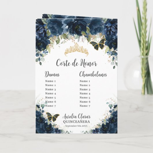 Navy Blue Floral Gold Quinceañera Orde van Gebeurt Programma (Achterkant)