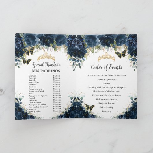 Navy Blue Floral Gold Quinceañera Orde van Gebeurt Programma (Binnen)