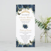 Navy Blue Floral Gold Quinceañera Orde van het Eve Programmakaart (Staand voorkant)