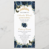 Navy Blue Floral Gold Quinceañera Orde van het Eve Programmakaart (Voorkant)