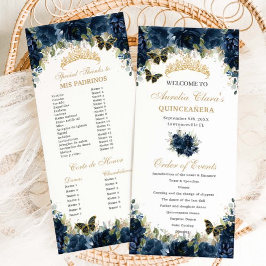Navy Blue Floral Gold Quinceañera Orde van het Eve Programmakaart