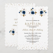 Navy Blue Floral Gold Triplets Boys Baptism   Kaart (Voorkant / Achterkant)
