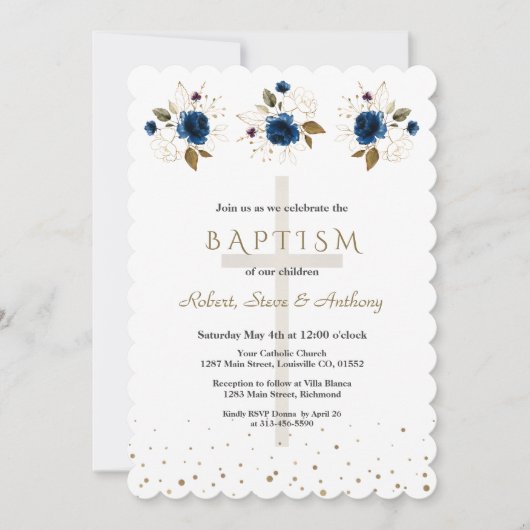 Navy Blue Floral Gold Triplets Boys Baptism   Kaart (Voorkant)