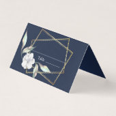 Navy Blue Floral Golden Lijst Wedding Place Visitekaartje (Voorkant)