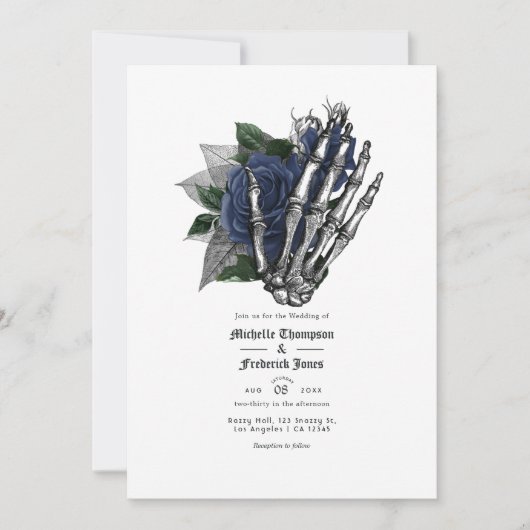 Navy Blue Floral Gothic Wedding QR Code Kaart (Voorkant)