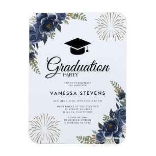 Navy Blue Floral Graduation Cap Party Magneet