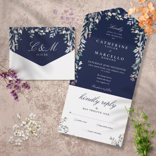 Navy Blue Floral Greenery Cascade Wedding All In One Uitnodiging
