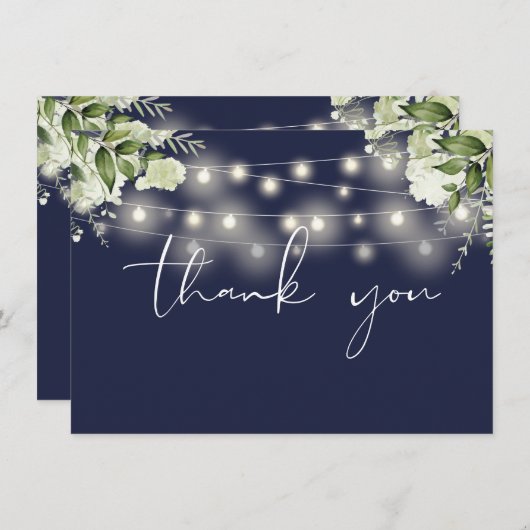 Navy Blue Floral Greenery String Lights Bedankkaart (Voorkant / Achterkant)