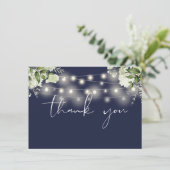 Navy Blue Floral Greenery String Lights Bedankkaart (Staand voorkant)