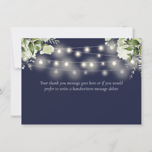 Navy Blue Floral Greenery String Lights Bedankkaart (Achterkant)