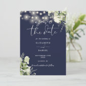Navy Blue Floral Greenery String Lights Wedding Save The Date (Staand voorkant)